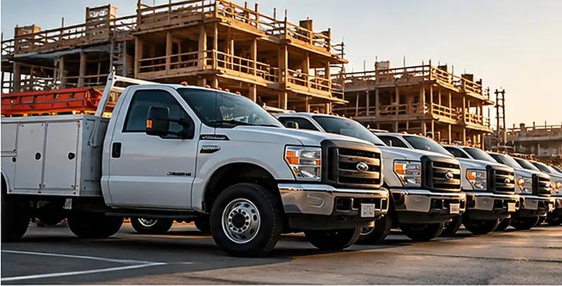 Row of white contractor service-body pickups at a construction site