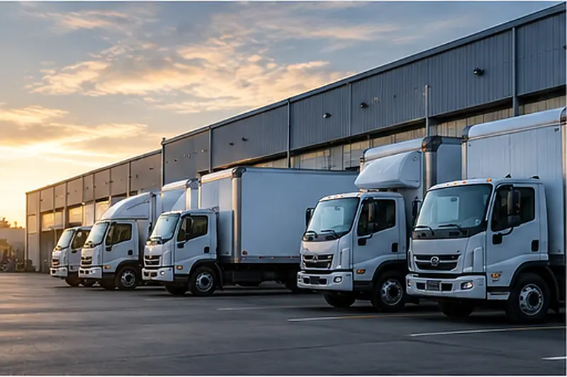 Medium-duty box trucks staged at a warehouse dock