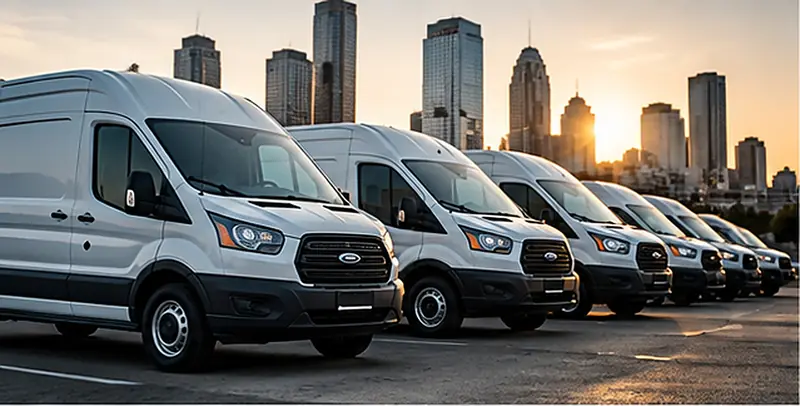 Fleet of white high-roof service vans parked in a row